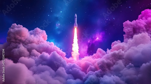 Colorful space rocket blasting off into stars, thick swirling clouds below catching the vibrant light of the launch.