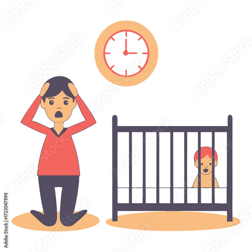Stressed parent overwhelmed by time crunch and baby care demands 