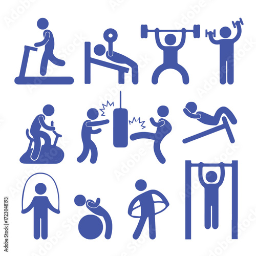 Fitness and exercise icons Treadmill, weightlifting, boxing, and various workout routines for healthy living