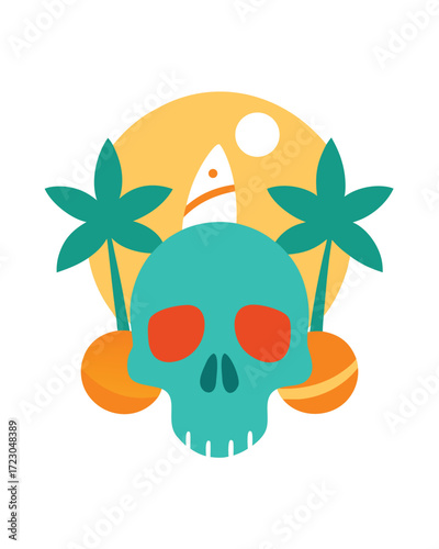 Turquoise skull with orange eyes, party hat, surfboard, palm trees, and sun