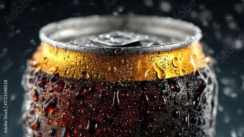 Cold drink can with water droplets