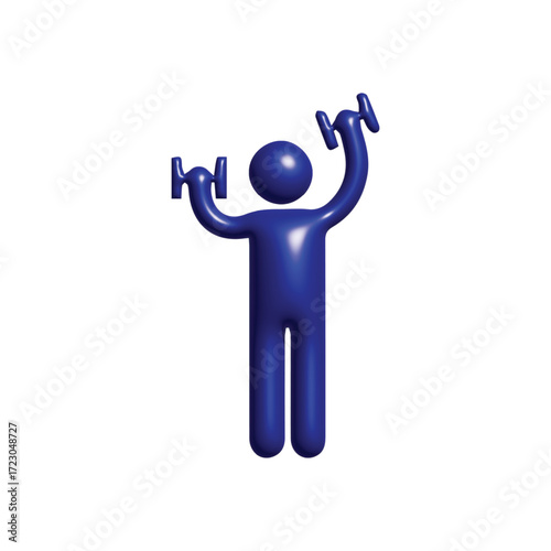 Blue 3D stick figure engaged in dumbbell exercise, a clear visual icon representing physical fitness, strength training, and the dedication to an active, healthy lifestyle