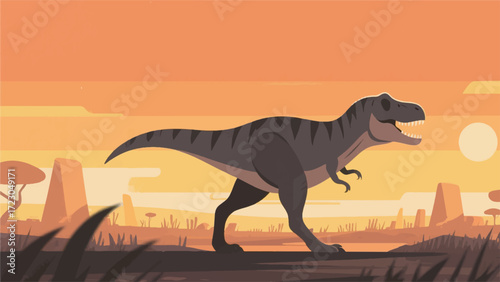 Illustration Of A T-Rex Walking Majestically On A Savannah With An Orange Sunset Sky Background Vector Design Template
