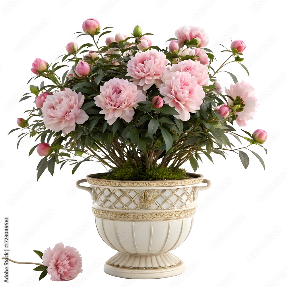 Fototapeta premium Peonies in a pot isolated on transparent background, a beautiful home decoration