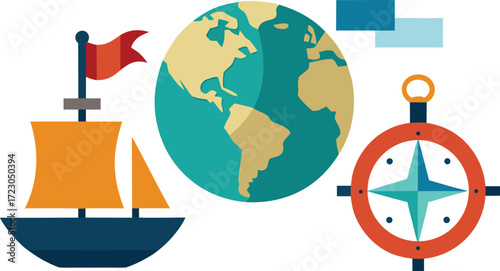 Columbus day ships compass map globe vector illustration for exploration themes vector