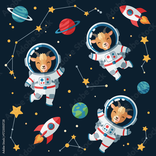 Three happy cartoon astronaut goats exploring outer space with rockets and planets Fun kids adventure