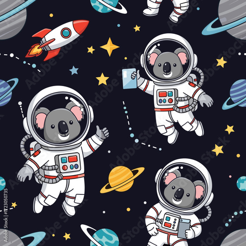 Cute koala astronauts exploring outer space with planets and stars Fun cosmic adventure