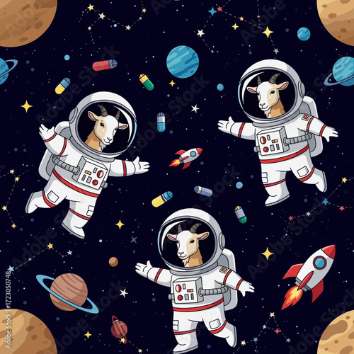 Cute astronaut goats explore the cosmos A fun starry seamless space adventure pattern