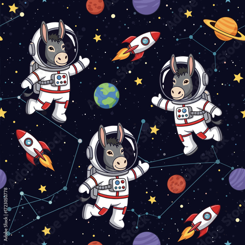 Cartoon donkeys in astronaut suits explore colorful outer space with planets rockets and stars Playful design
