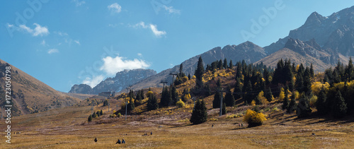 Majestic Kazakh landscape: snow-capped peaks, forested hills, and golden steppes in one frame.