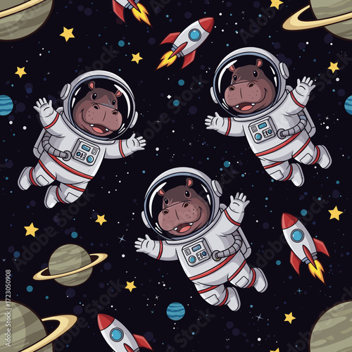Cute astronaut hippos explore outer space with rockets and planets in a fun seamless pattern