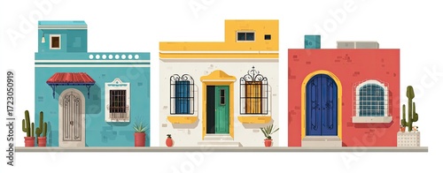 Colorful row of traditional,  Mediterranean-style homes