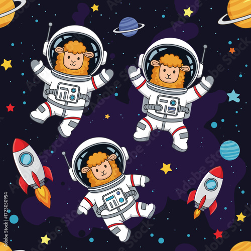 Cute sheep astronauts float in space with planets stars and rockets Ideal for childrens designs