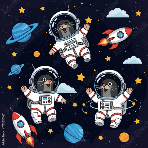 Adorable astronaut moles happily explore the starry universe with rockets and planets