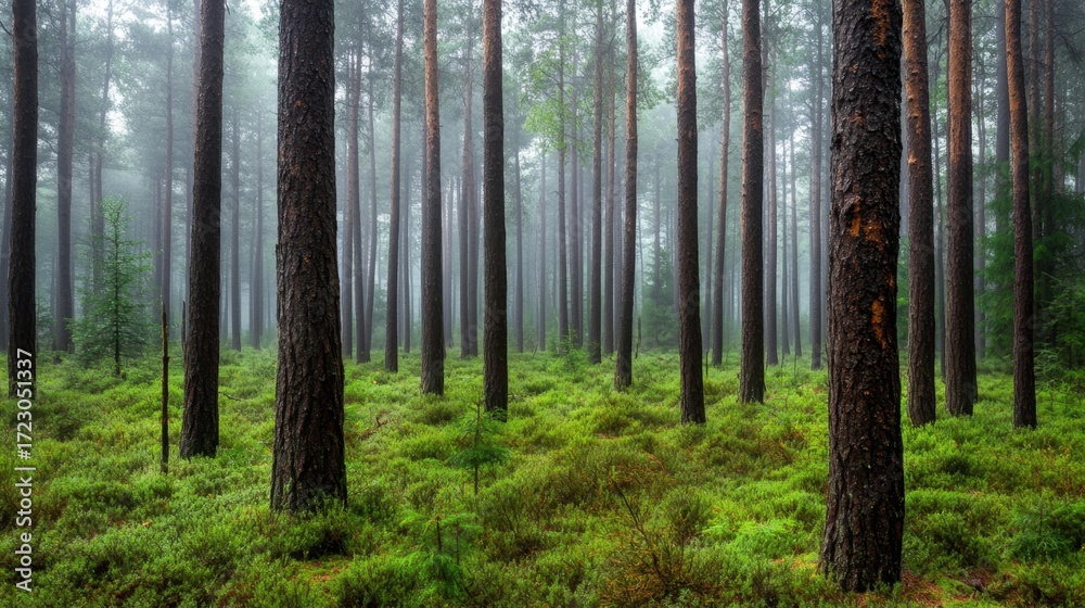 Fototapeta premium Dewy forest with pine trees wrapped in morning fog, perfect for mindful and nature-themed imagery
