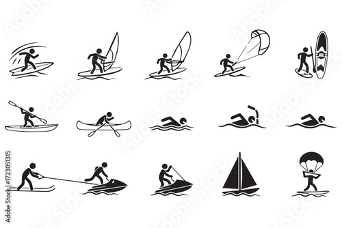 Collection of water sport icons including surfing, kayaking, swimming, and jet skiing