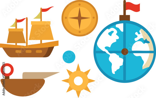 Columbus day elements bundle vector ships compass map globe illustration eps vector