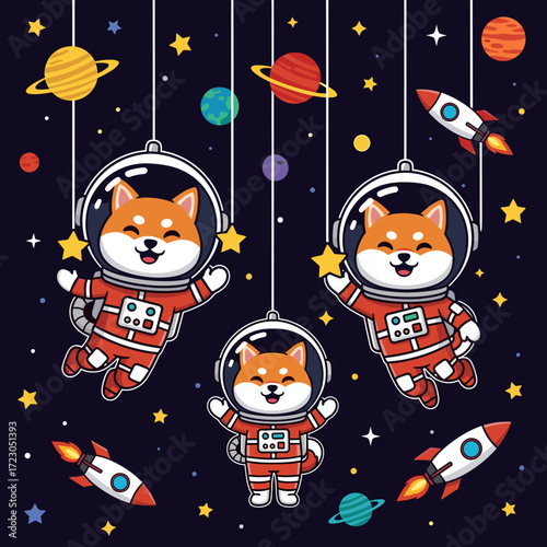 Cute Shiba Inu astronaut dogs exploring space among planets stars and rockets Fun adventure