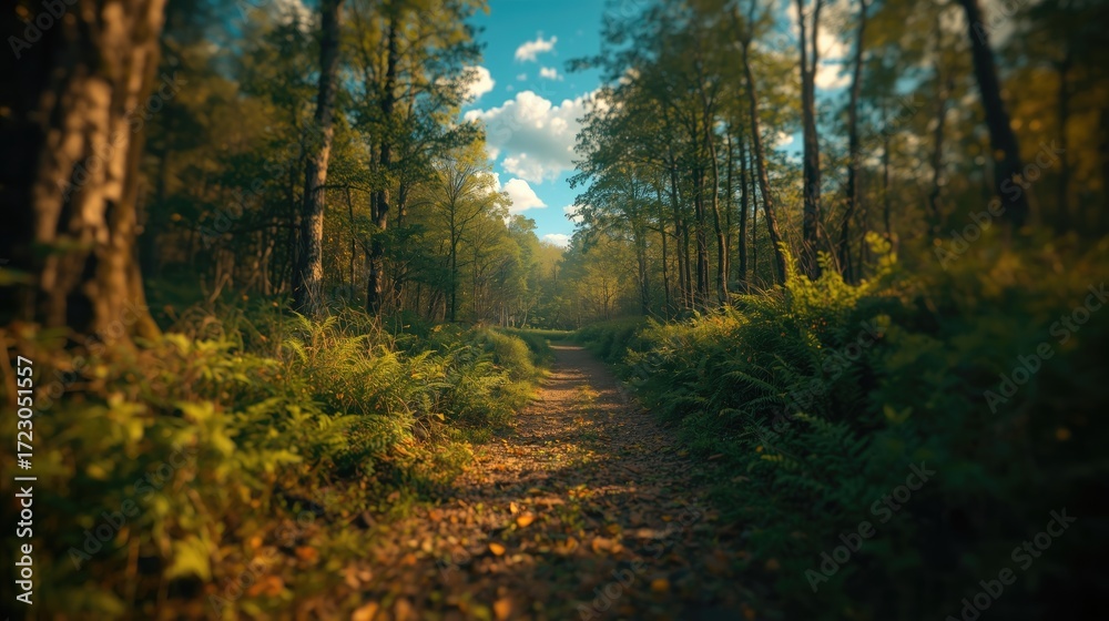 Fototapeta premium A sun-drenched woodland path winds through lush greenery, dappled light illuminating the forest floor.