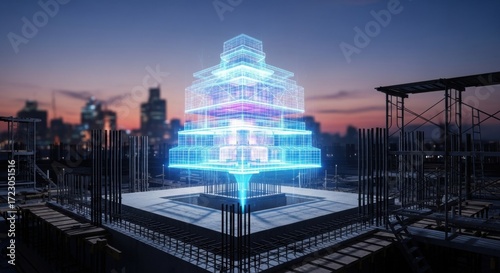 Digital building model blueprint projection at a construction site. Future architecture, smart city planning and modern engineering concept.