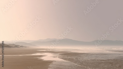 Wallpaper Mural Seashore Serenity: A serene coastal scene featuring a sandy beach meeting the calm sea under a hazy, atmospheric sky, evokes a sense of tranquility and calmness. Torontodigital.ca