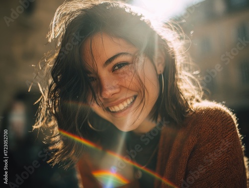 Wallpaper Mural Radiant Beauty in Sunlight: A close-up portrait of a young woman beams joyfully, bathed in the warm glow of the sun, capturing a moment of pure happiness. Torontodigital.ca