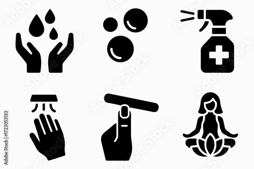 Hygiene and relaxation icons: soap, sanitizer, tap, manicure, meditation silhouettes