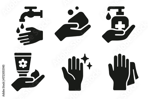Hand hygiene icons: soap, sanitizer, faucet, lotion, clean hands