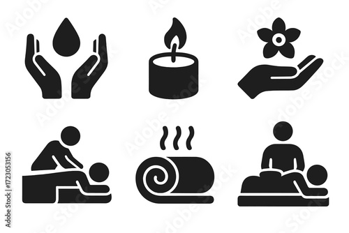 Wellness and relaxation symbols: massage, aromatherapy, yoga