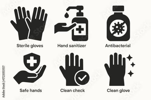 Sterile gloves and hand sanitizer icons highlighting antibacterial and hygiene measures