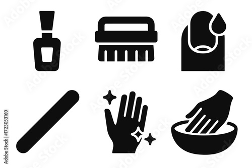Manicure icons: nail polish, brush, file, hand wash, and nail art symbols