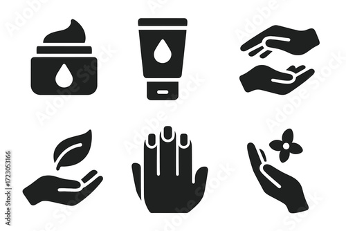 Skincare and beauty icons with hands, cream, and natural elements in black silhouette