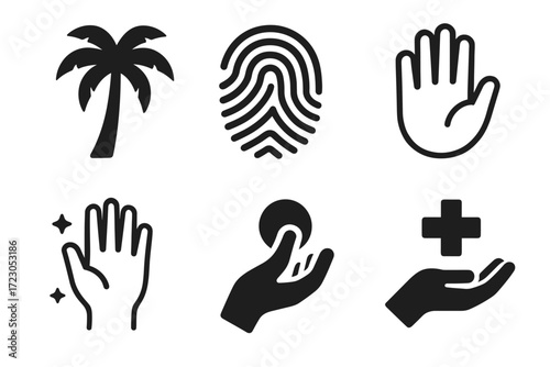 Collection of hand gestures and icons including palm tree and fingerprint