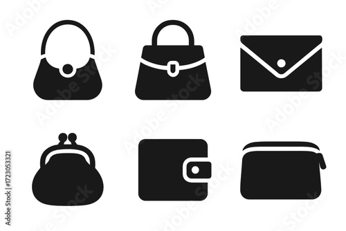 Collection of various handbag and wallet silhouettes in black and white design