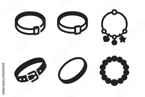 Set of black and white jewelry icons: bracelets, necklaces, and collars