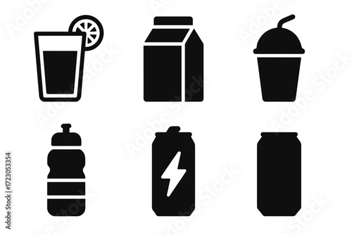 Icon set of popular beverage containers: juice, milk, smoothie, water bottle, energy drink, soda