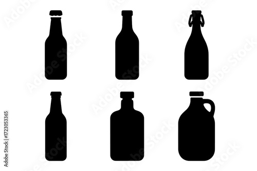 Black silhouettes of six distinct bottles on white background
