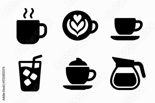 Black coffee icons set: mug, latte art, cup, iced drink, espresso, coffee pot
