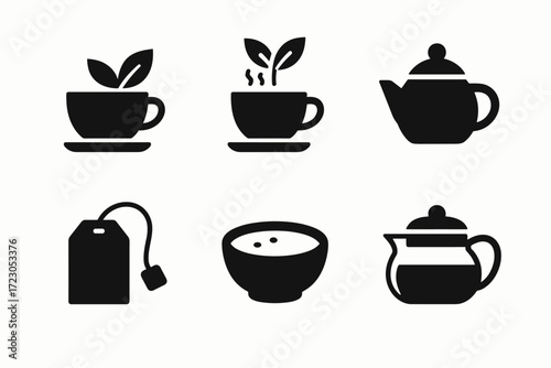 Tea icons: cups, teapot, tea bag, leafs, and steaming beverage symbols