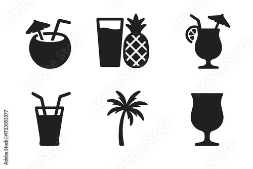 Black silhouette icons of tropical drinks and palm tree on white
