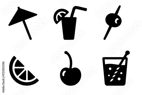 Set of six black icons: umbrella, drink, olive, lemon slice, cherry, beverage glass