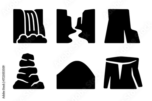 Nature icons set: waterfall, canyon, forest tree, rock stack, mountain, glacier