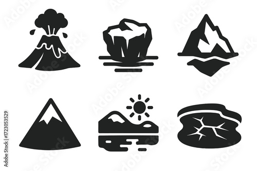 Geographical icons set including volcano, iceberg, mountain, desert, glacier, and earthquake