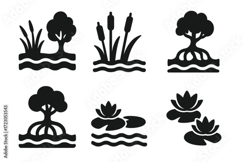 Silhouette icons of wetland plants: cattails, lotus, mangroves, and trees