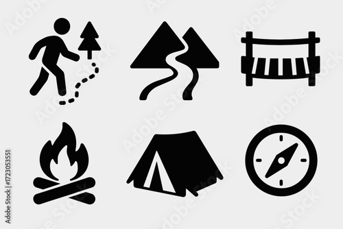 Outdoor adventure icons: hiking, camping, fire, bridge, mountains, compass symbols