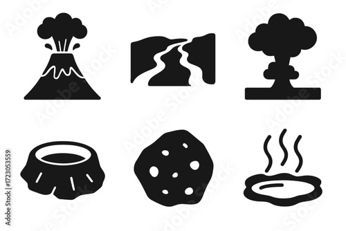 Volcano eruption icons and geothermal activity symbols