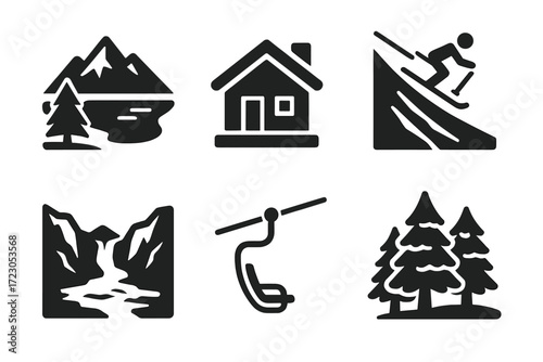 Outdoor adventure icons: mountains, cabin, skiing, river, chairlift, trees