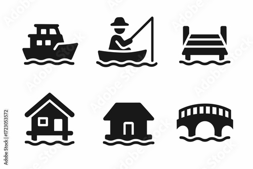 Black silhouette icons of boating, fishing, piers, and waterfront structures