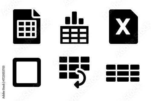 Collection of spreadsheet and table icons in black and white design
