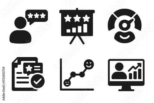 Business performance and customer satisfaction icons set